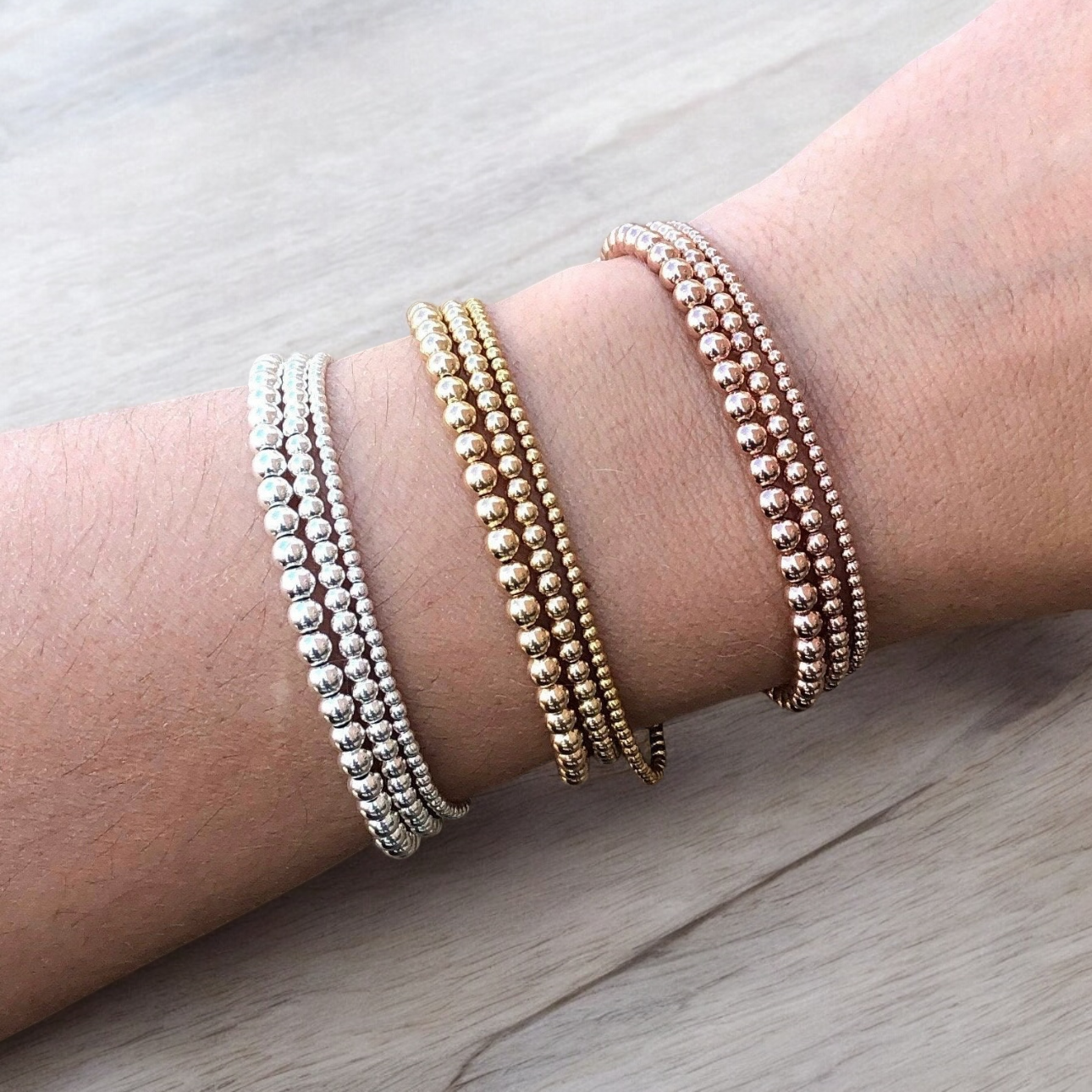 Bracelet de billes 14k or rempli, 2-5 mm, extensible