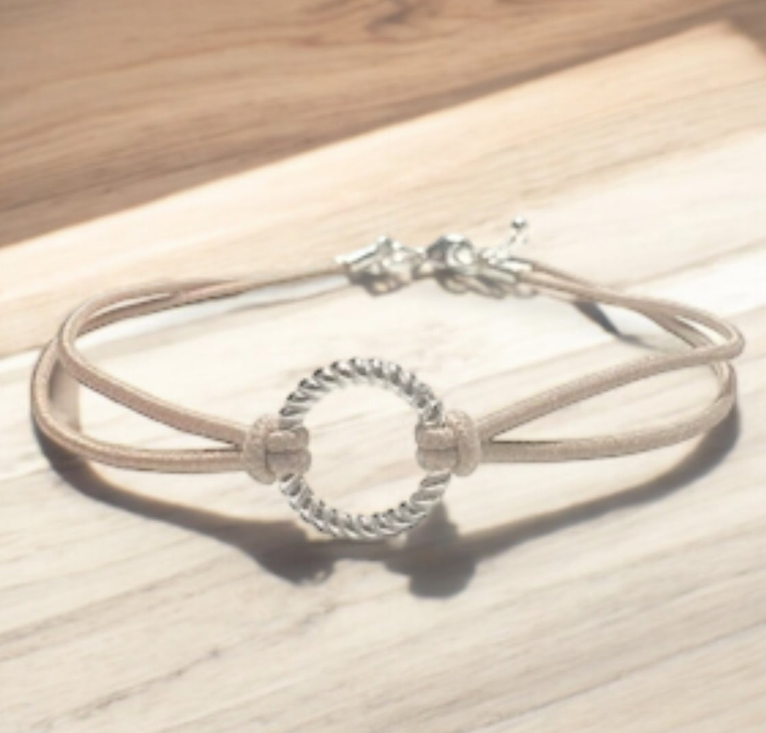 Bracelet anneau argent sterling 9.25 et soie naturelle