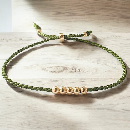 Trio bracelet khaki & beige avec Or rempli 14K avec soie naturelle