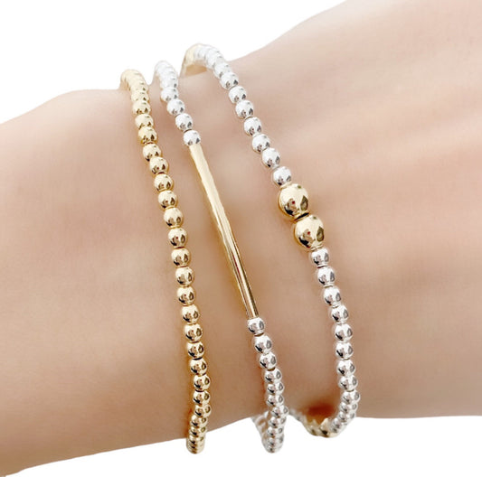 Trio Bracelet de billes 14k et d’argent 9.25 4mm, extensible
