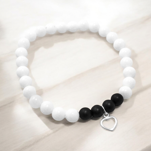 Bracelet de Quartz milky, Onyx noir mat et argent sterling 9.25